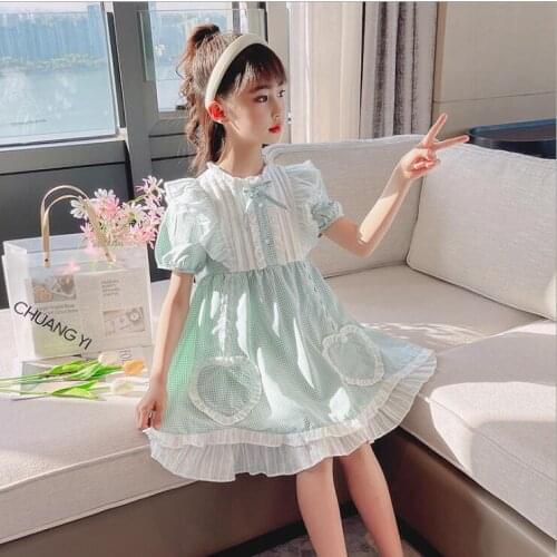 2021 Korean style girls ruffles plaid dress fashion summer girls dresses 4-9 years B363