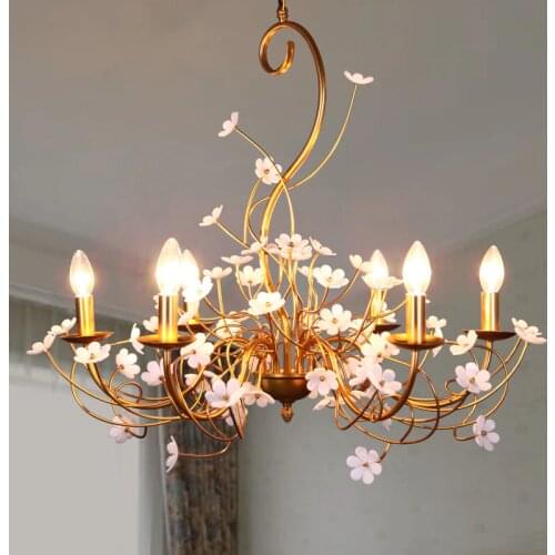 Gold Wedding Decoration Chandeliers American Living Room Chandelier Lighting Creative Bedroom Golden Iron Petal Flower Led Lamps
