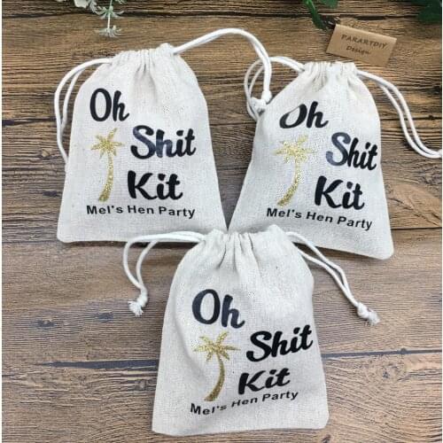 10pcs Oh Shit Kit Cotton Linen Jewelry Pouch Drawstring Bag Wedding Favor custom any language text bachelorette party gift bags