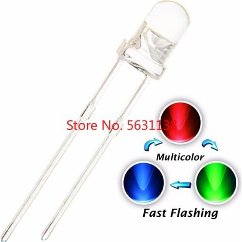100pcs F3 3mm RGB Fast Flash Water Clear Round Head DIP-2 LED chip Blinking Multicolor 20mA 3V Lamp Light Beads SELF-FLASHING