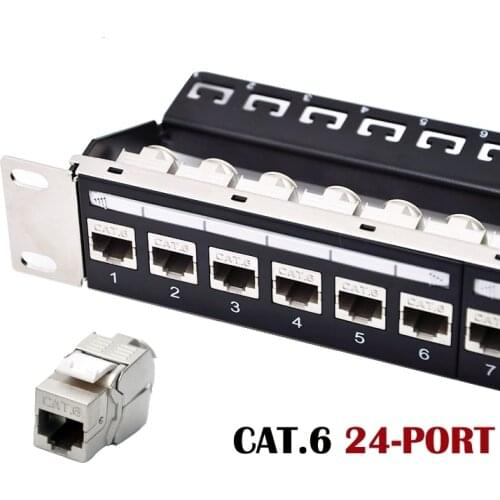 24-port Cat6 Shielded Modular Patch Panel Incl. 24pcs of Cat6 Shielded Tool-free Type Keystone Jacks, 19" 1U Rack Mount