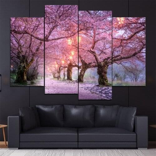 4PCS HD Printing Pink Cherry Tree Landscape Art Painting Poster Modern Living Room Corridor Home Decor Picture Without Frame