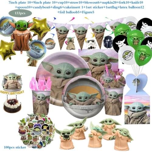 Disney Mandalorian Yoda Baby Happy Birthday Party Supplies Balloon kid favor Yoda Sticker Flag Plate Boy Gift Party Decorations