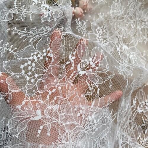 Elegant light ivory net flowers lace fabric with sequins shiny, 1.5 meters wide high quality women lace fabric