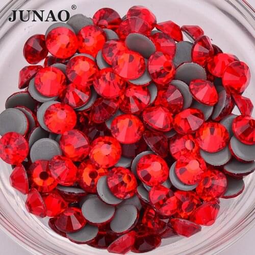 JUNAO SS 6 8 10 12 16 20 30 Red Glass Hotfix Rhinestone Applique Iron On Transfer Crystal Stone Flat Back Hot Fixation Strass