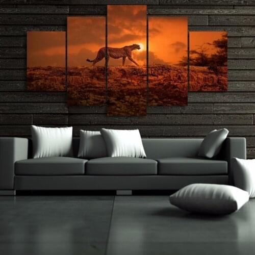 Canvas Painting Wall Art Home Decor Frame 5 Pieces Sunset Sky Landscape Animal Leopard For Living Room Modern HD Printed Posters