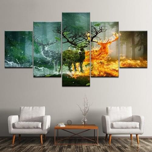Canvas Painting Snow deer fire deer in forest 5 Pieces Wall Art Painting Modular Wallpapers Poster Print Home Decor