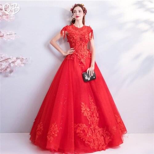 Red Ball Gown Tulle Lace Flowers Beading Crystal Luxury Evening Dresses 2020 New Fashion Bride Party Prom Dress XH150