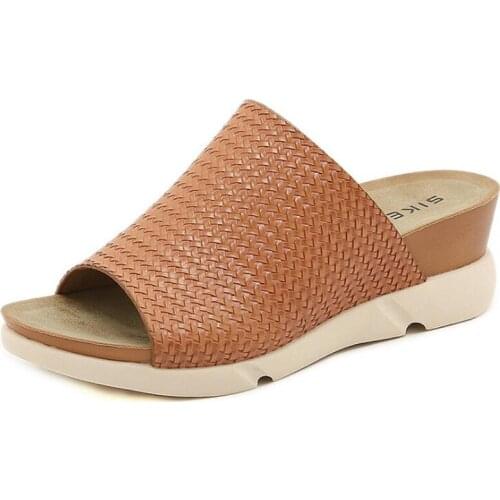 Summer Outdoor Womens Wedges Slippers Slip-On Shoes Woman Weave Breathable Soft Platform Leather Sandals Platform Shoes q283