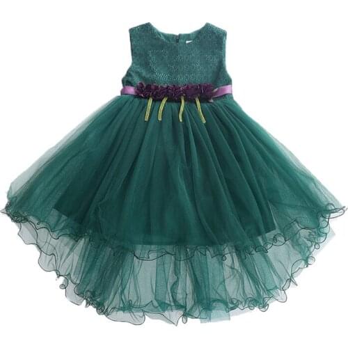 Girl sleeveless fashion dress Girl flower decorative mesh dress Girl irregular dress Girl mesh evening dress