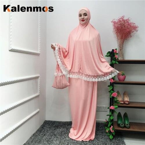 Muslim Two Piece Set Women Prayer Garment Ramadan musulman ensembles Robe Lace Maxi Skirts Kaftan Islamic Clothing long khimar