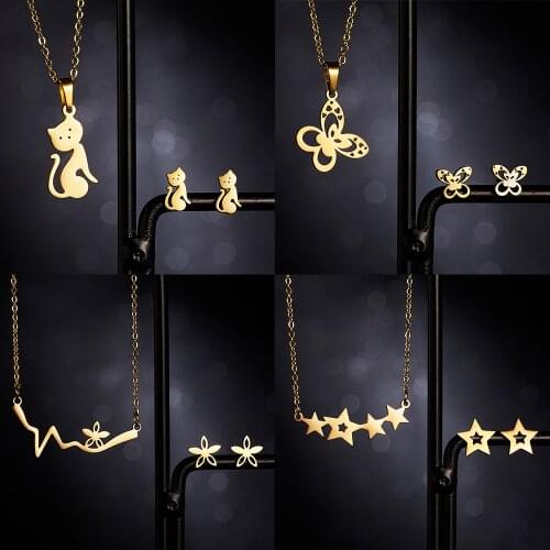 Fashion Cute Kitten Butterfly Pendant Necklace for Women High Quality Stainless Steel Necklaces Earrings Jewelry Set Wholesale