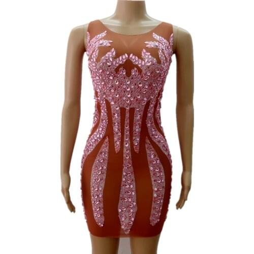 Pink Rhinestones Sleeveless Dress Summer Glisten Sexy Stretch Stones Costume Birthday Celebrate Singer Dance Evening Outfit