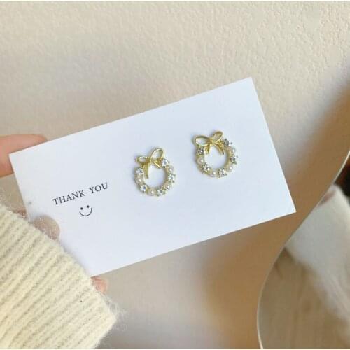 Gold Color Pearls Crystal Zirconia Bow Circle Bow Stud Earrings Sweet Cute Clip On Earring No Piercing Wedding Bride Jewelry