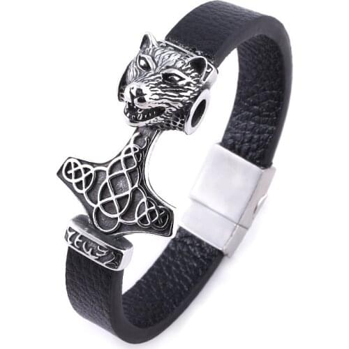 Odin Symbol Wolf Head Stainless Steel Thor Hammer Leather Cuff Viking Bracelet Magnetic Bangle Vikings Accessories Decoracion