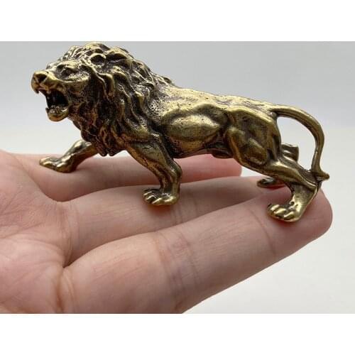 Vintage Brass Lion King Small Home Decor Animal Ornaments Pure Handmade Copper Desk Decorations Mininature Craft Gift