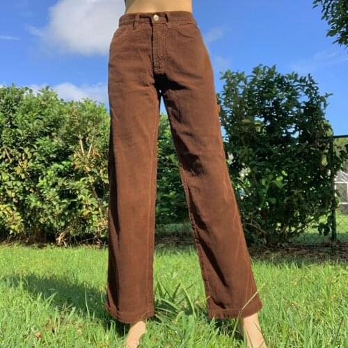 Womens Solid Color Vintage Corduroy Pants Vintage High Waist Solid Color Zipper High Waist Loose Straight-leg Pants With Pocket