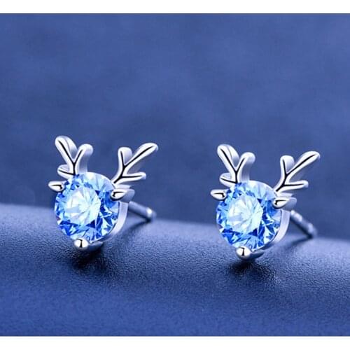 Ladies S925 sterling silver classic cute antlers inlaid blue zircon earrings jewelry couple fashion personality holiday gifts