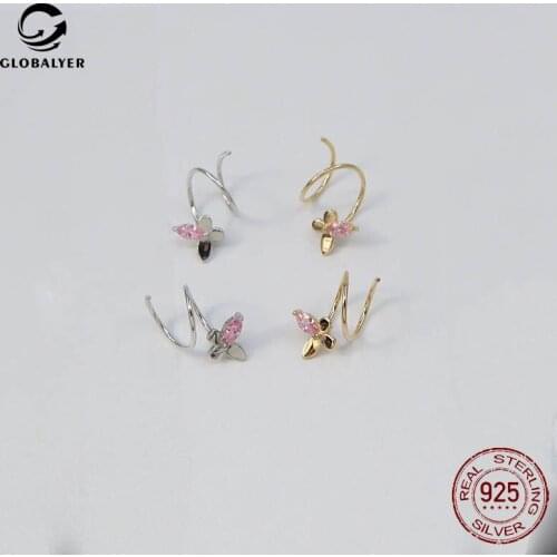 Korean sweet S925 sterling silver pink zirconium butterfly earrings Temperament cold wind crystal butterfly wave earrings 576