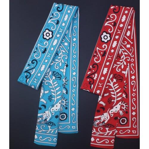 POBING 2018 Bohemia Floral Women Silk Scarf Twill Head Scarf Brand Tie Handle Bag Ribbons Small Long Scarves Small Hijab 120*7CM