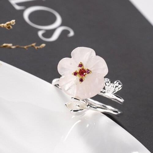 Rings for women 925 sterling silver inlaid natural pink crystal plum blossom fresh sweet all-matching Female Open ring