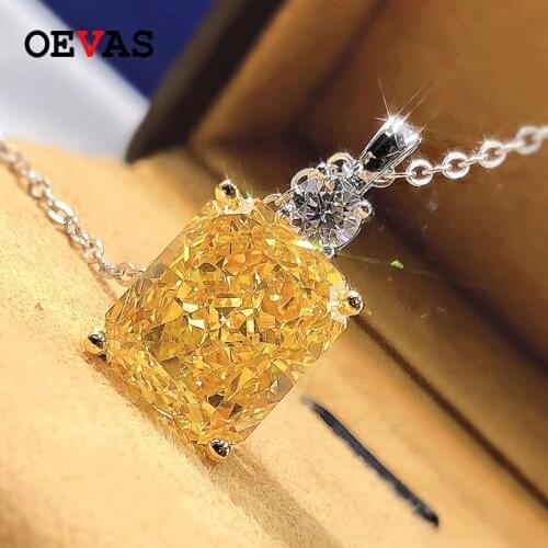 OEVAS 100% 925 Sterling Silver 10*12mm Yellow High Carbon Dimaond Pendant Necklace For Women Wedding Party Fine Jewelry Gifts