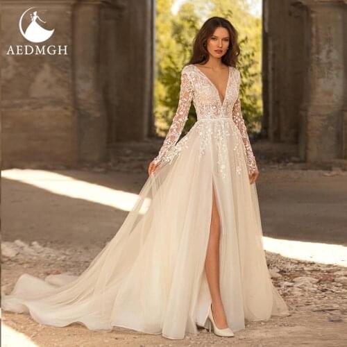Aedmgh A-Line Beach Wedding Dresses 2021 V-Neck Long Sleeve Split Robe De Mariee Lace Appliques Backless Boho Vestido De Novia