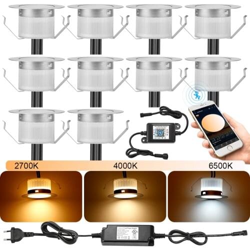 10pcs 45mm WW+W+CW CCT Changeable 3in1 12V Outdoor Yard Path Stairs Patio LED Deck Floor Lights IP67 Bluetooth Controller