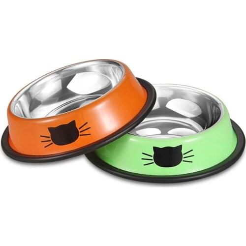 2PCS Pet Bowls Stainless Steel Dog Cat Food Bowl Water Dish with Non-skid Rubber Hoop Cat Kittys Puppy bowl orange green