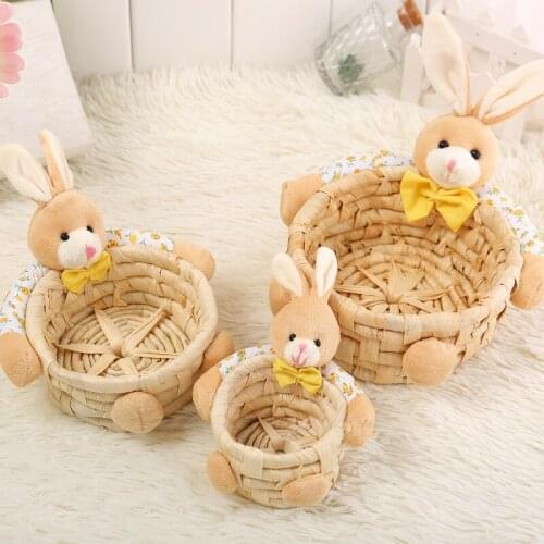 3Pcs Cartoon Easter Rabbit Rattan Storage Basket Clothing Snack Key Cosmetic Flower Storage Box Home Organizer Box Decoration