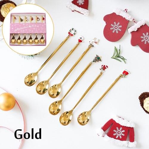6Pcs Coffee Spoon Mixing Scoops Stainless Steel Spoon Ice Cream Soup Sugar Teaspoons Mixing Stirrer Christmas Gift Box Set