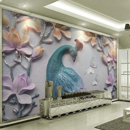 Beibehang Custom wallpaper 3D papel de parede embossed plain ya magnolia peacock living room wall decorative painting wallpaper