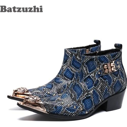 Batzuzhi 6.5CM Heels High Increased Boots Men Iron Toe Leather Dress Men Boots Blue for Man Party Runway Bota Masculina! US6-12