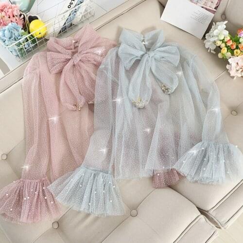 Brand Women Pearl Bead Flare Sleeve Basic Bow Shirt Vintage Lace Up Bandage Strap Pullover Star Sequined Mesh Gauze Blouse Tops