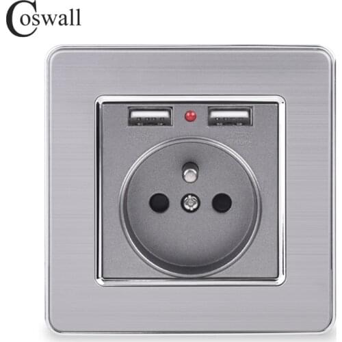 Coswall Dual USB Charging Port 5V 2.1A LED Indicator 16A French Wall Power Socket Stainless Steel Panel Grey Black White Gold