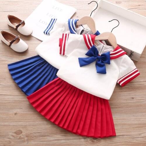 Kids Clothing Girls Clothes Set Summer Sailor Collar Cotton Short Sleeve Bow Pleated Top Skirt 2pcs Sets Girls Suits