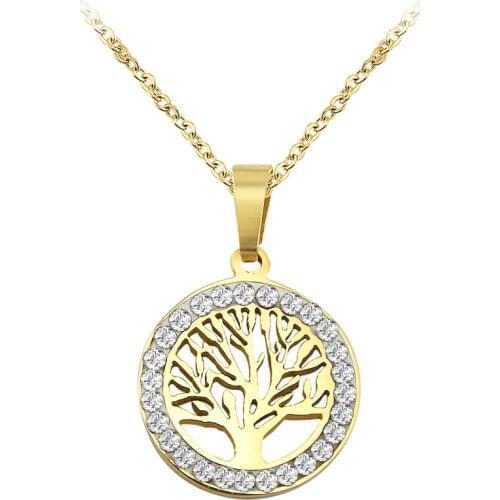 Tree Of Life Round Shaped Crystal Pendant Necklaces Gold Silver Color Stainless Steel Necklaces Choker 2016 Unique Maxi Necklace