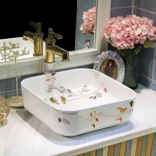 Porcelain Bathroom ceramic counter top sink wash basin popular in europe art basin lavabo vessel sinks countertops square bird