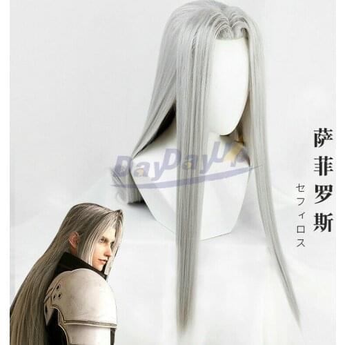 FF VII 7 Remake Sephiroth Sliver Straight Long Heat Resistant Cosplay Synthetic Hair Halloween Party Carnival + Free Wig Cap