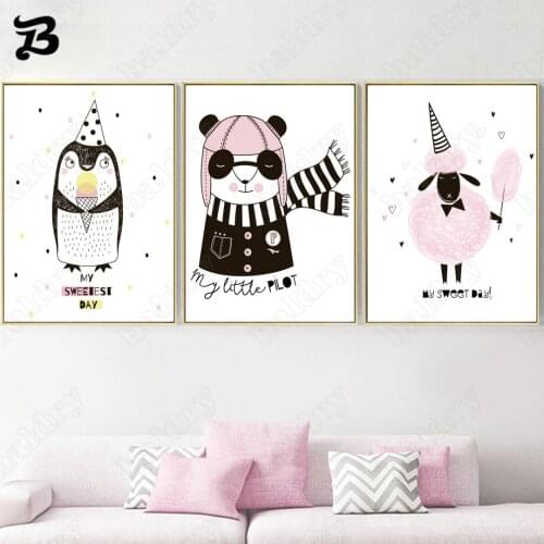 Canvas Painting for Living Room Penguin Panda Sheep Wall Art Cartoon Pink Animals Posters Wall Pictures for Kids Baby Room Decor
