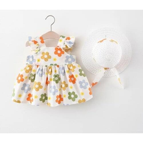 2 Piece Summer Baby Girl Clothes Set Print Floral Bow Sleeveless Cotton Newborn Princess Dress With Sunhat Kids Girl Beach Dress