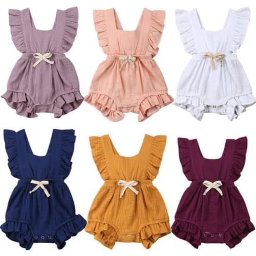 Newborn Toddler Baby Girl Clothes Sets Ruffle Solid Color Jumpsuit Romper Outfits Sunsuit Baby Cotton Linen Clothing Sets Summer