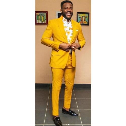 Custom Made Yellow Mens Suits Slim Fit Two PCs Groomsmen Wedding Tuxedos For Men Triangle Lapel Formal Prom Suit (Jacket+Pant)