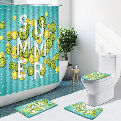 Summer Fruit Lemon Raindrops Bathroom Set Shower Curtain Non-Slip Rugs Flannel Toilet Carpet Cover Stripes With Hooks Bath Mat