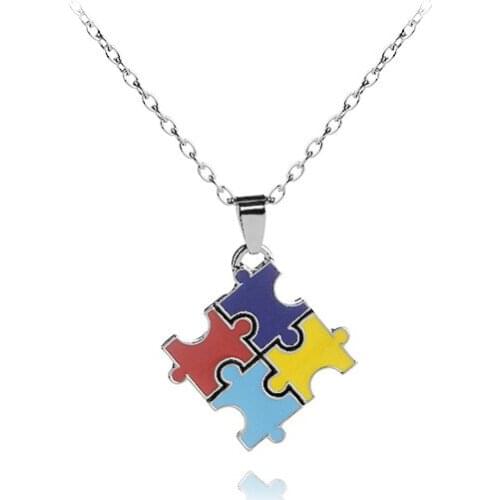 Hot Autism Puzzle Charm Necklace Accessories Puzzle Jigsaw Enamel Choker Pendant necklace Keepsake Gift for Her Him