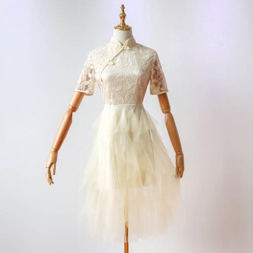 Fashion short Sleeve Embroidery Vintage Modern Traditional Mesh Satin Chinese Dress Qipao Cheongsam Chinese Wedding Dress