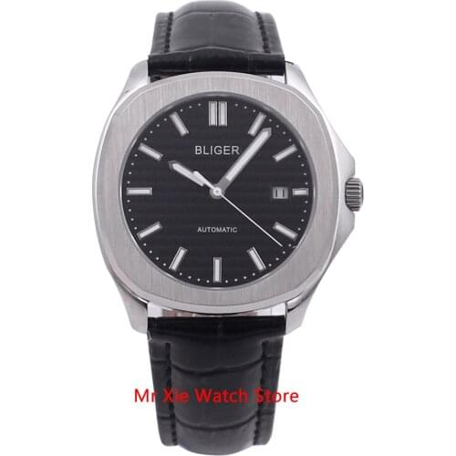 Bliger 40mm Automatic Mechanical Mens Watch Luxury Brand Square Watch Case Leather Strap Sapphire Glass Luminous Wristwatch Men