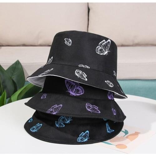 Spring Summer Butterfly Double-Sided Wide Brim Bucket Hat Cotton Foldable Fisherman Cap Women Men Casual Outdoor Sunscreen Hat