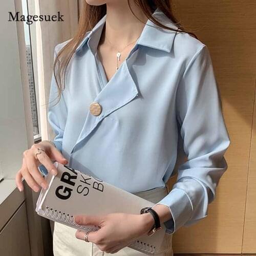 Chic Woman Shirt V-neck Chiffon Blouse 2020 White Tops and Blouses Autumn Long Sleeve Cardigan Chemisier Korean Clothes 10684