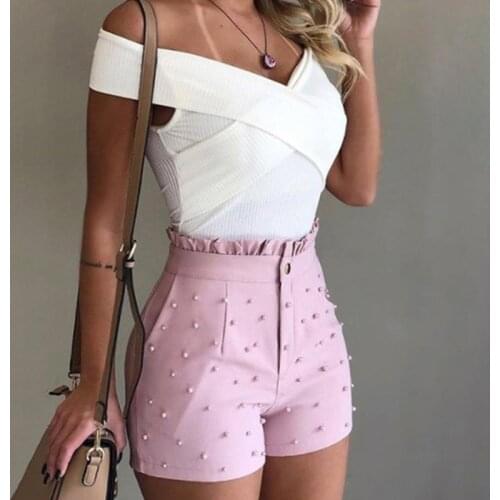 Summer High Waist Shorts For Women Beading Ruffle Casual Shorts Pantalones Cortos De Mujer